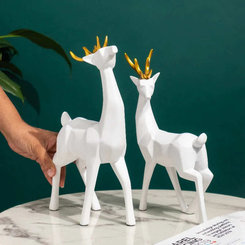 Couple Reindeer 2pcs Sculpture (White & Gold)