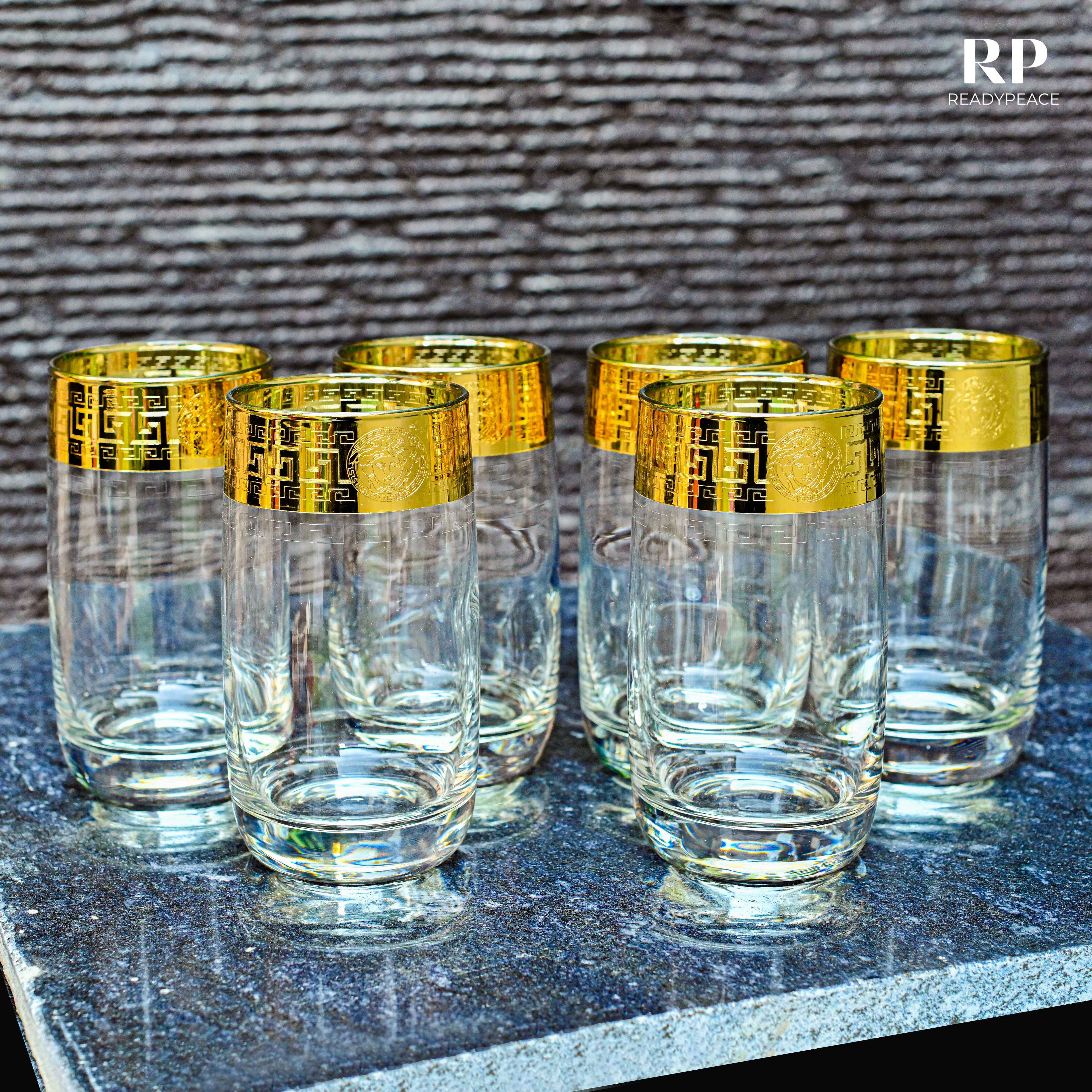 Six Lowball Glasses with high quality Gold Decorative Tops